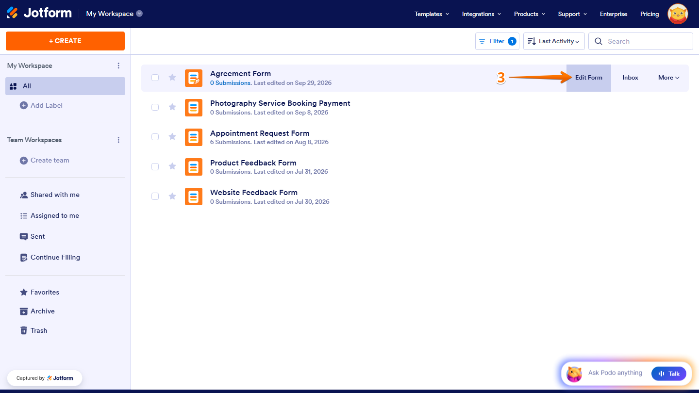 Jotform Workspace page showing a form with the Edit Form option on the right for opening the form and configuring its custom sender email