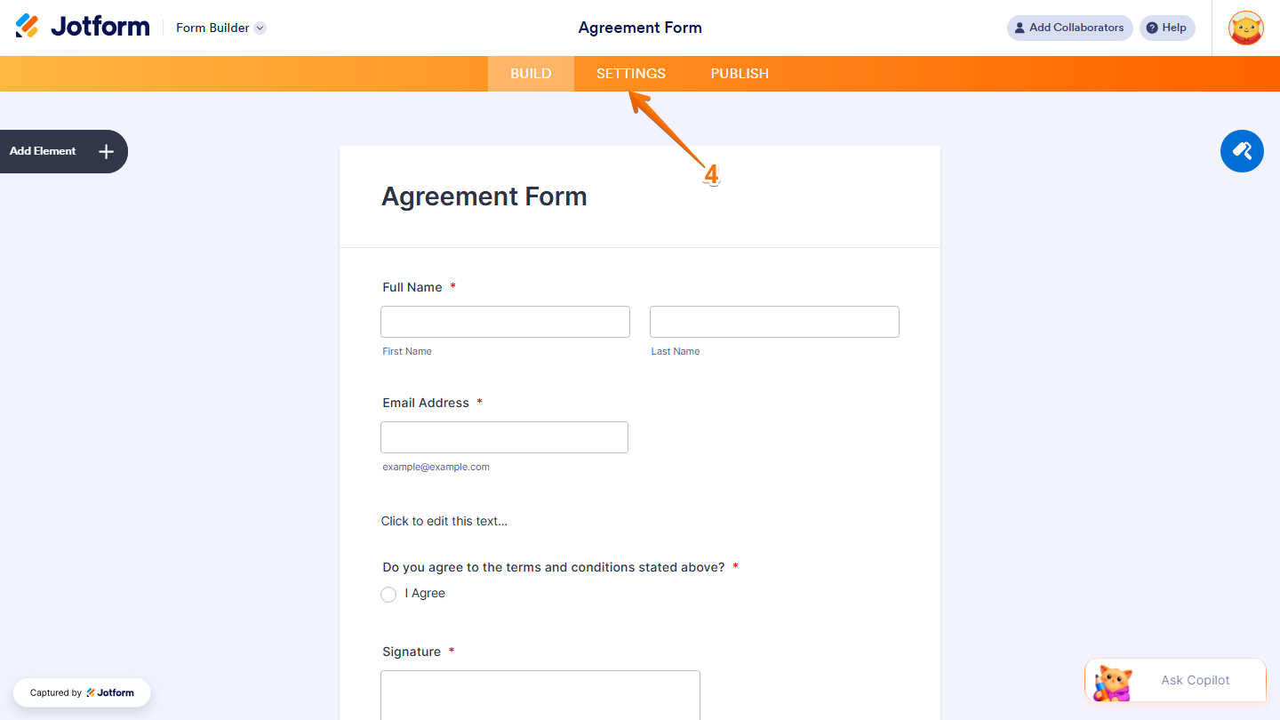 Jotform Form Builder with the Settings option visible in the orange navigation bar at the top for configuring form settings