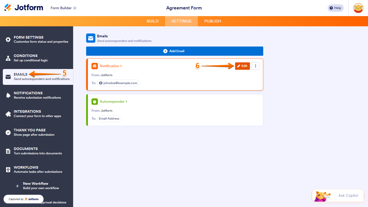 Jotform Emails settings showing Notification Email and Autoresponder Email entries, with the Pencil icon available to edit an email configuration
