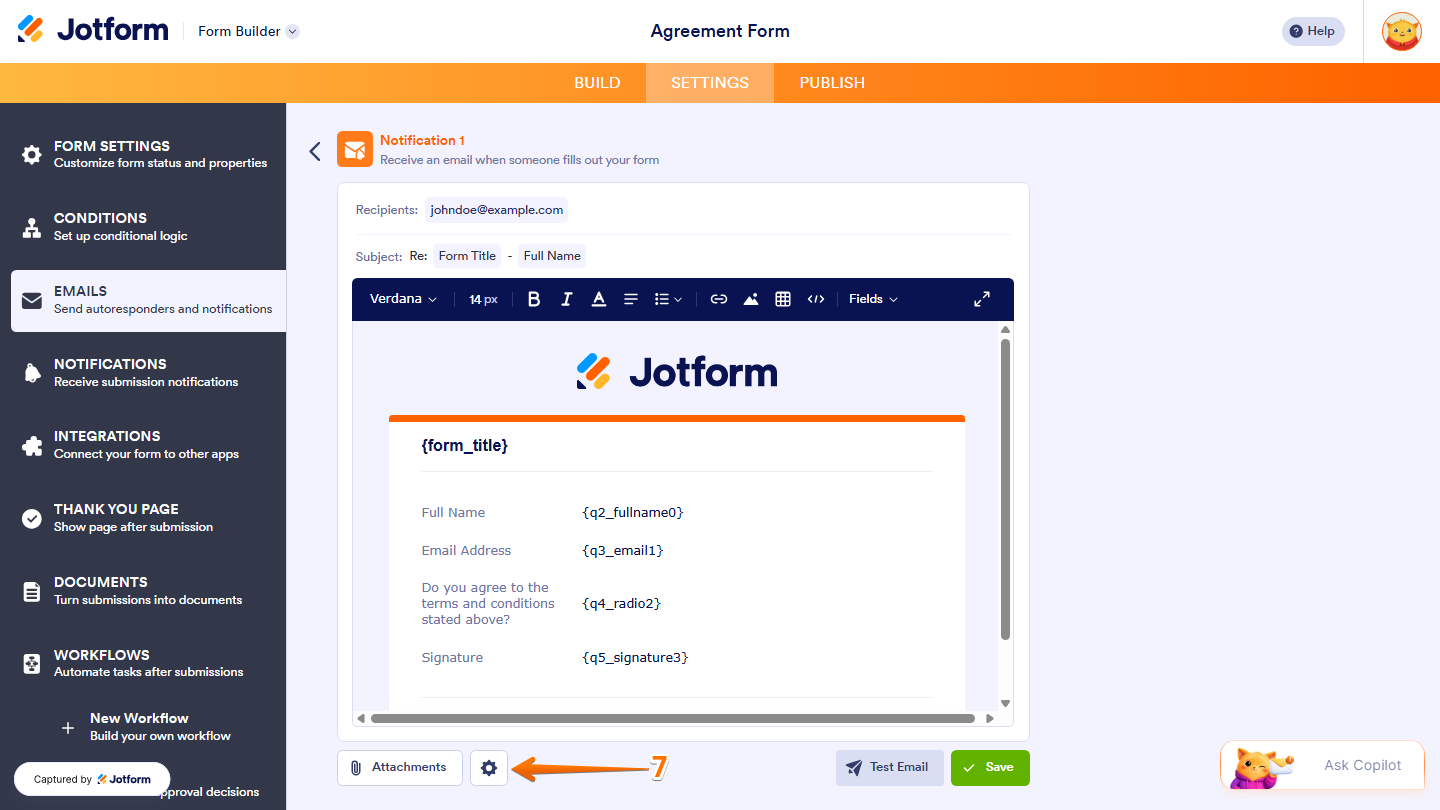 Jotform Email Editor with the Gear icon visible in the bottom-left corner for opening additional email settings