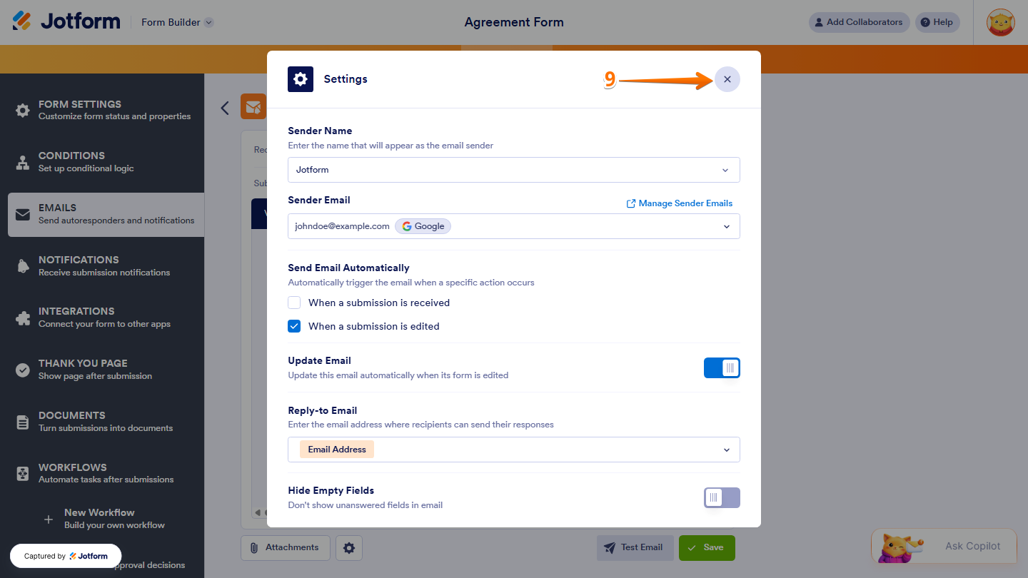 Jotform Settings window with the X icon visible in the top-right corner for closing the window after selecting the custom sender email