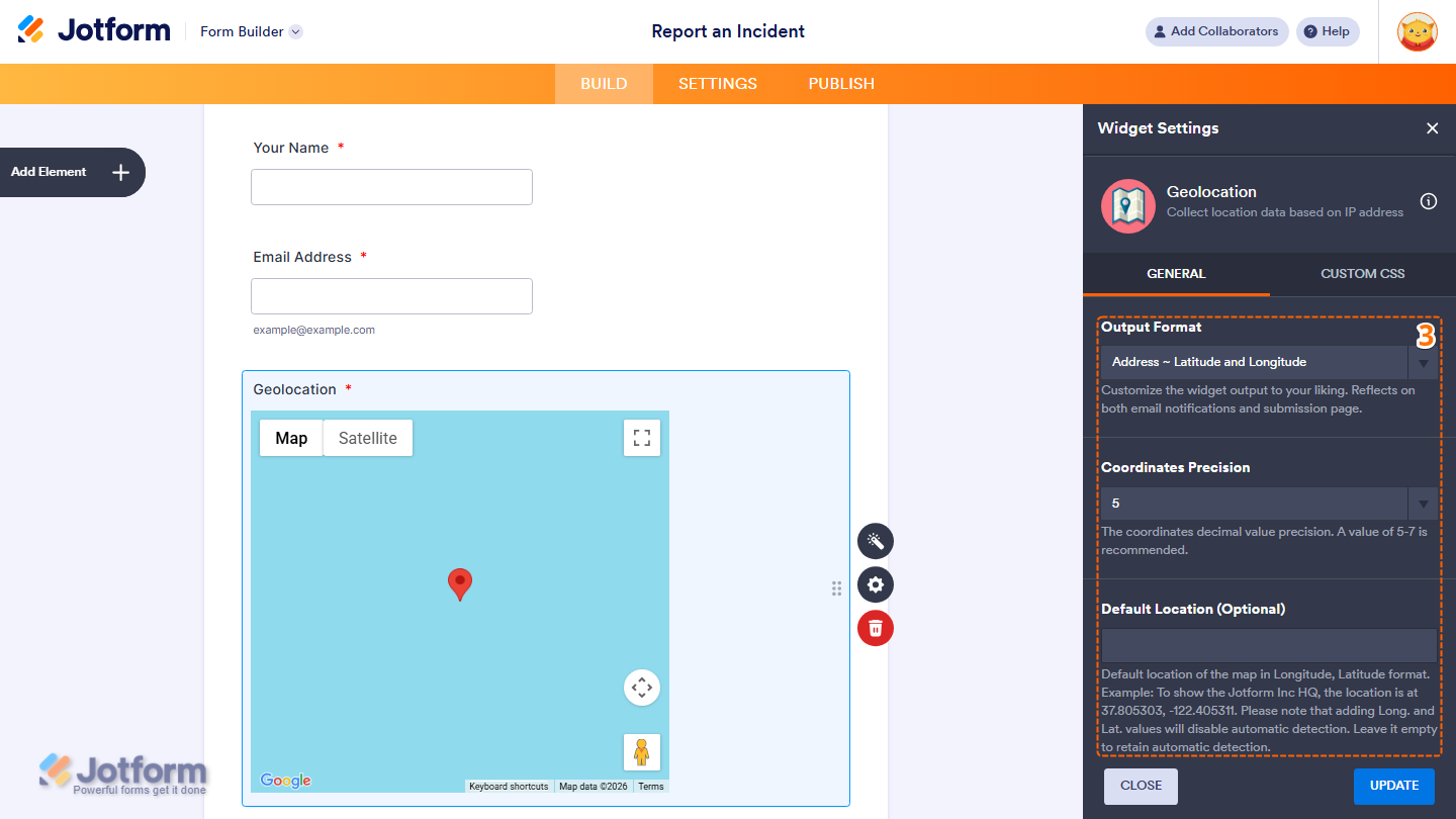 Geolocation Widget Settings General tab showing Output Format Coordinates Precision and Default Location in Jotform