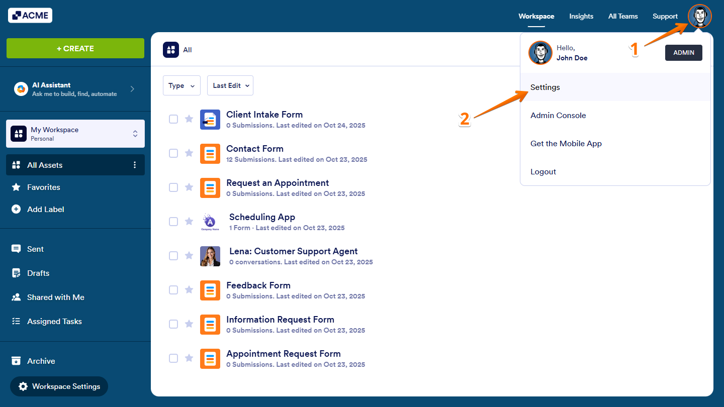 Settings option in Profile/Account menu on the Workspace page
