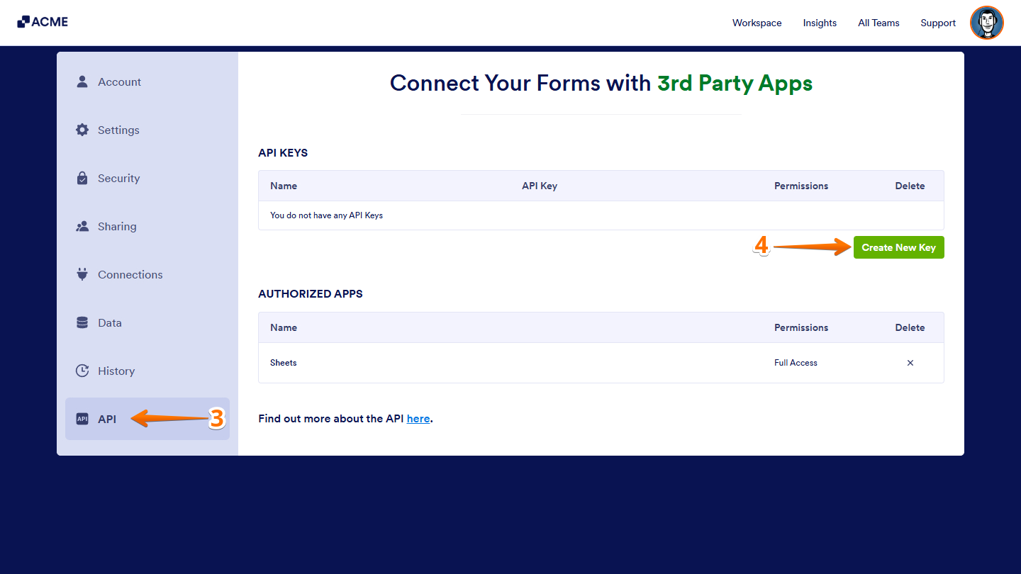 Create New Key in API page of an Enterprise Account