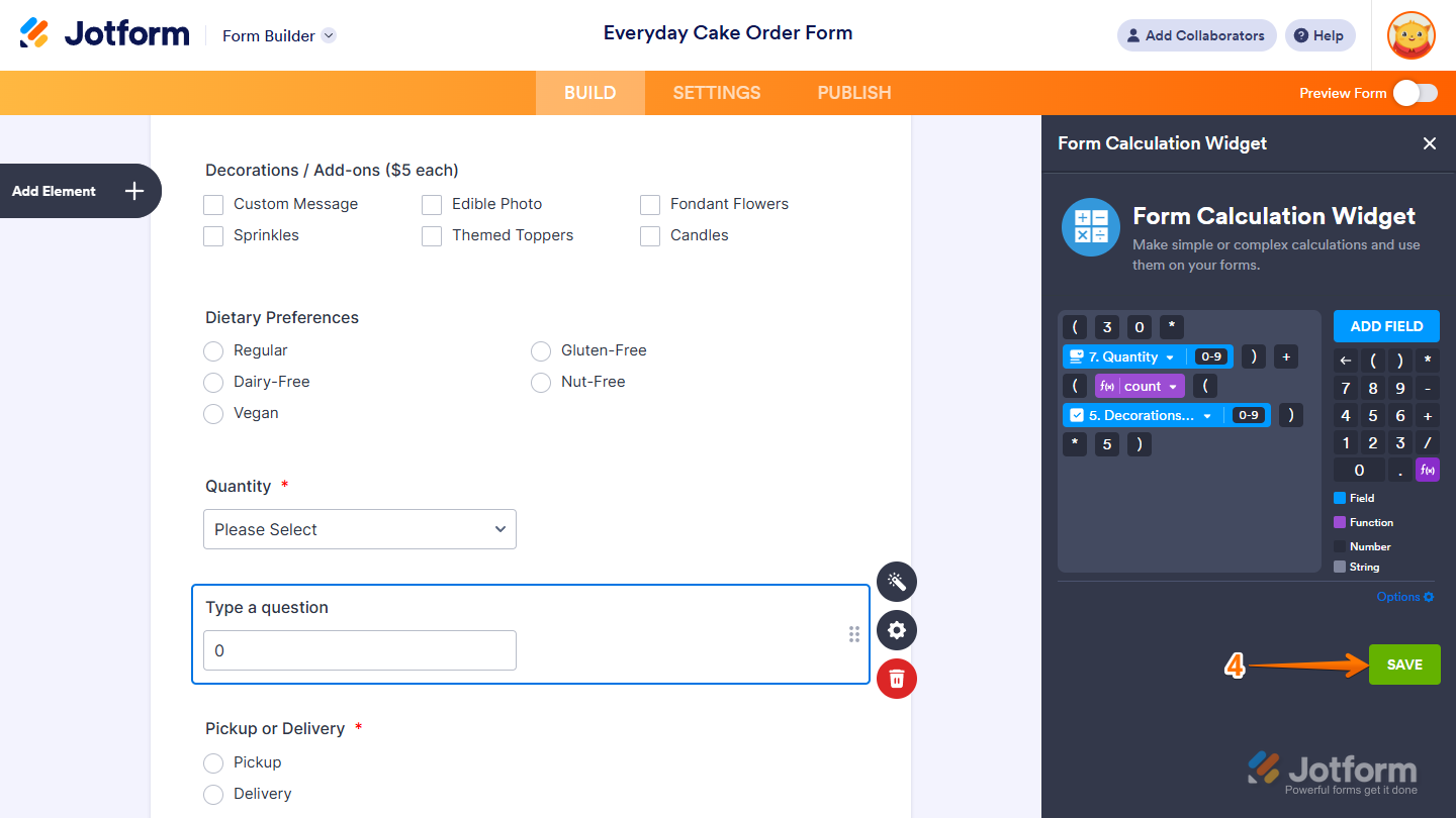 Save button of the Form Calculation Widget window in Jotform Form Builder