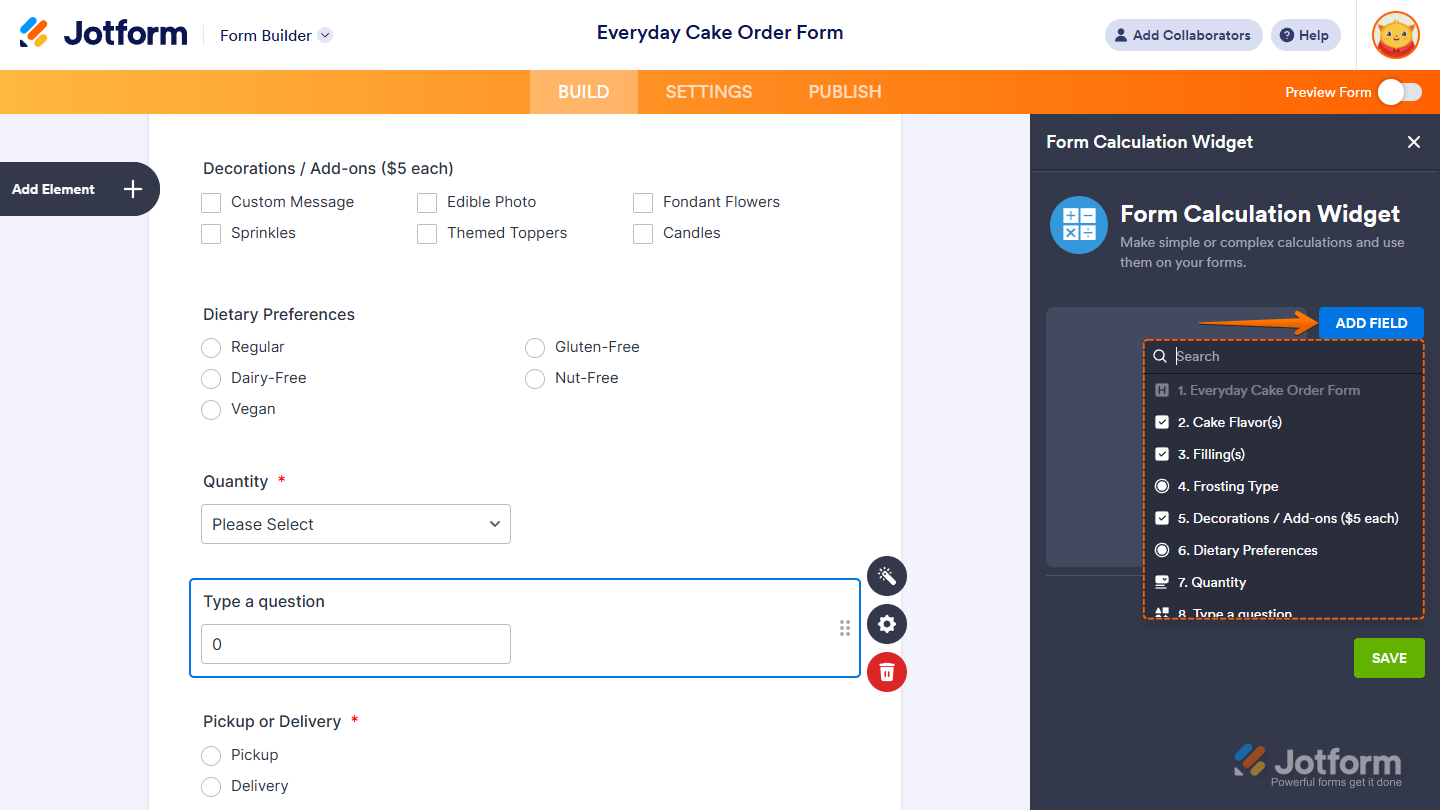 Add button of the Form Calculation Widget window in Jotform Form Builder