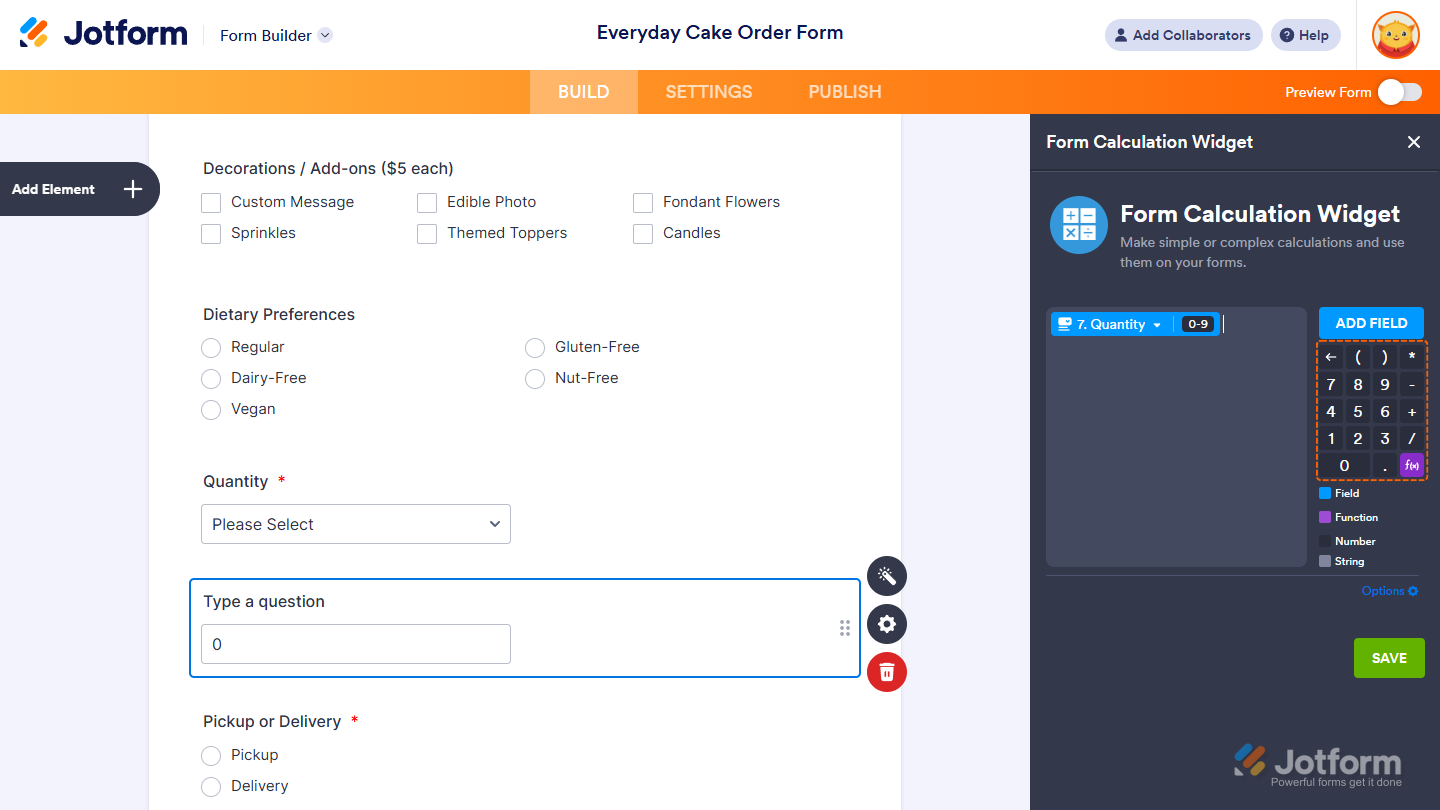 Formula Keypad section of the Form Calculation Widget window in Jotform Form Builder