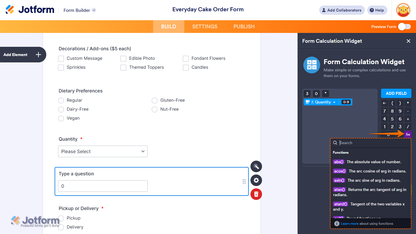 Purple f(x) button in the Formula Keypad section of the Form Calculation Widget window in Jotform Form Builder