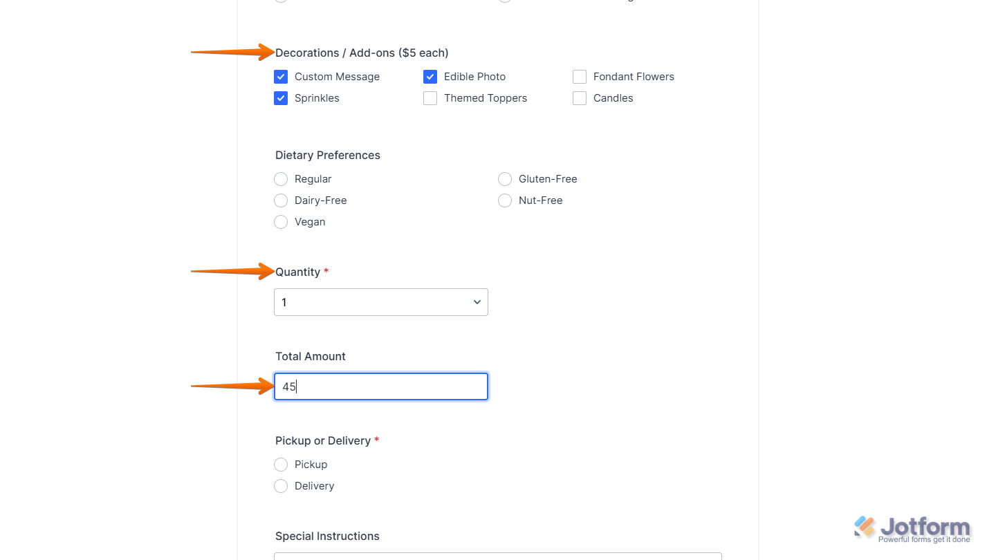 Calculated total amount in the Form Calculation widget of a Jotform Demo form