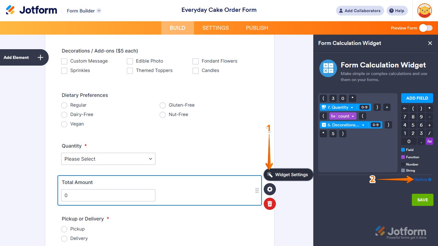 Options button of the Form Calculation Widget window in Jotform Form Builder