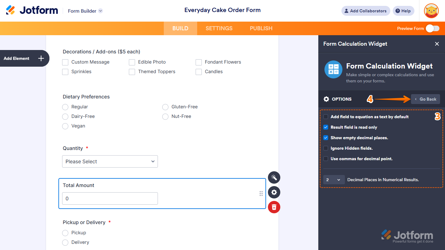 Different options of the Form Calculation Widget window in Jotform Form Builder
