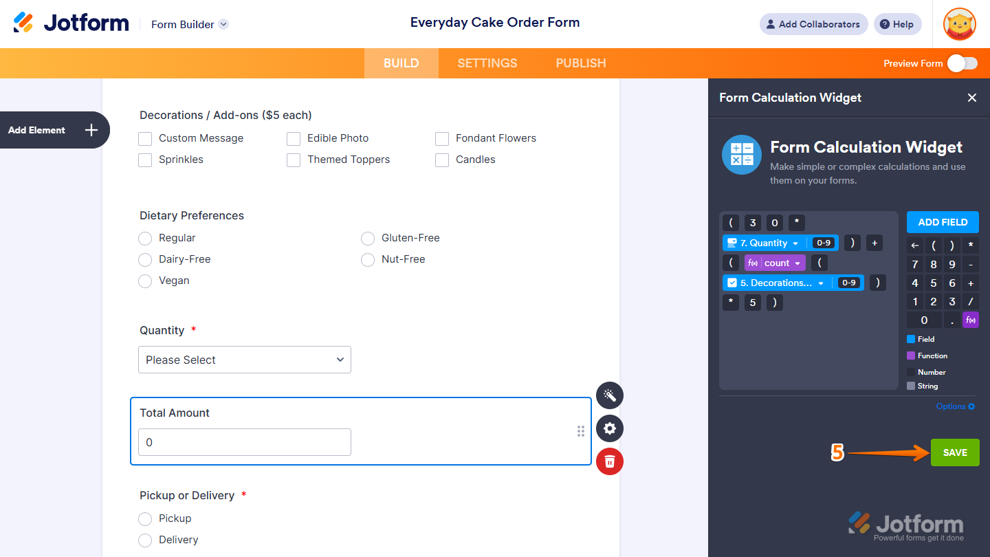 Save button of the Form Calculation Widget window in Jotform Form Builder
