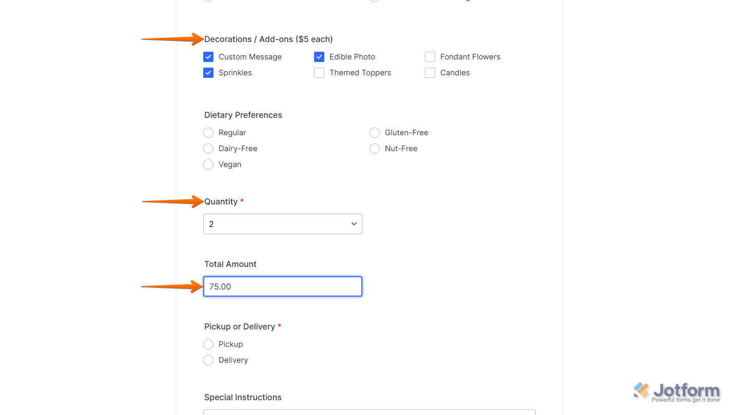 Formatted calculated total amount in the Form Calculation widget of a Jotform Demo form