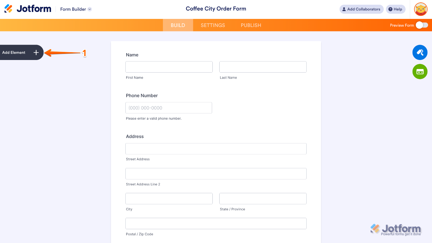 Form Builder interface showing the Add Element menu on the left side of the page