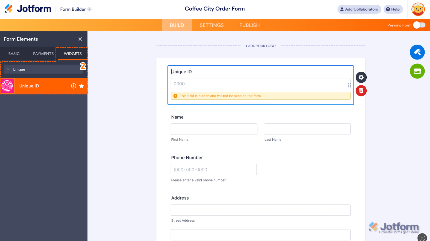 Form Elements panel with the Widgets tab selected, showing the Unique ID widget being added to the form