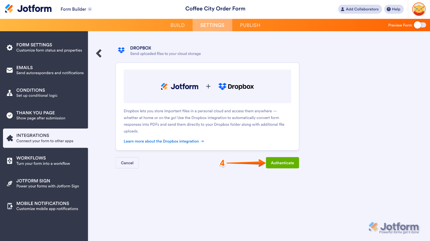 Dropbox integration interface showing the Authenticate button to connect the Dropbox account