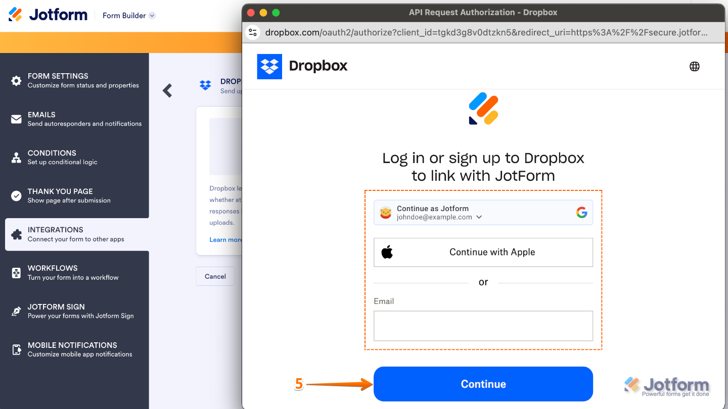 Dropbox login pop-up window in form where the user enters account credentials and clicks Continue to authorize