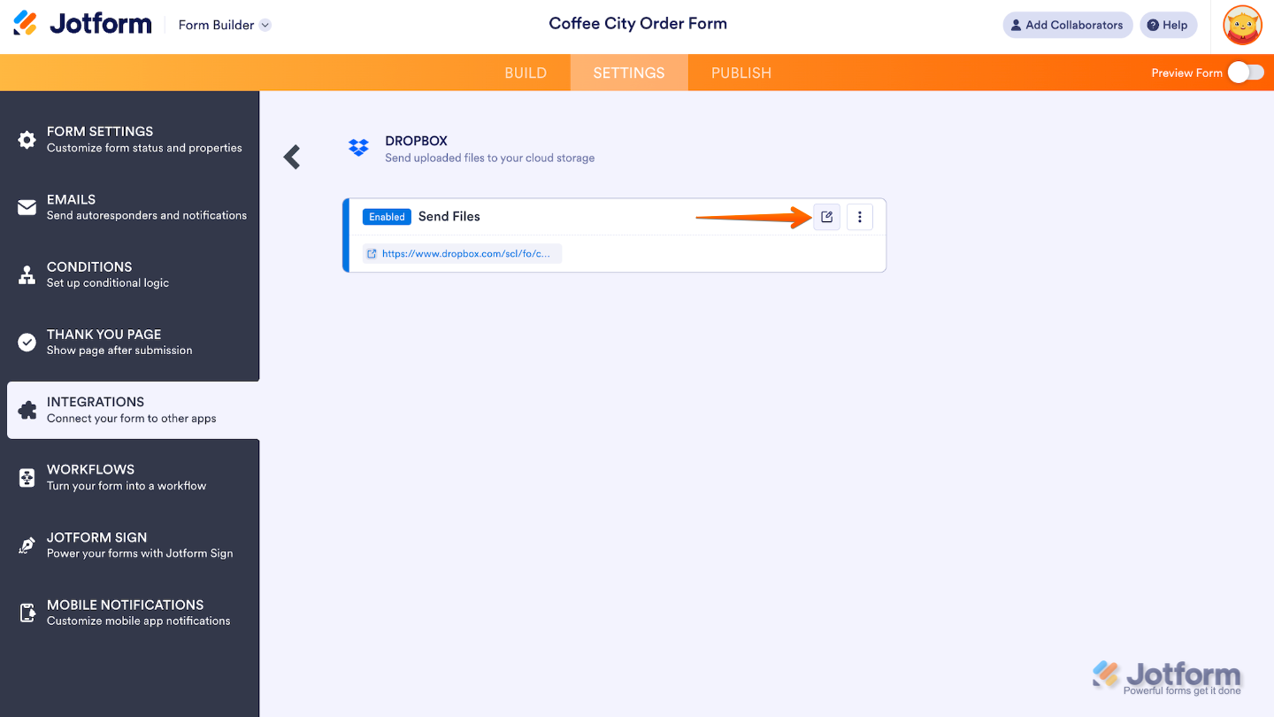 Dropbox integration showing that form submissions are organized into subfolders named after their Unique ID, with the Edit icon available to update settings