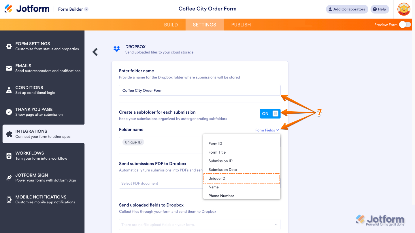 Dropbox integration settings showing how to set the main folder name, enable subfolders for each submission, and specify folder names using form fields
