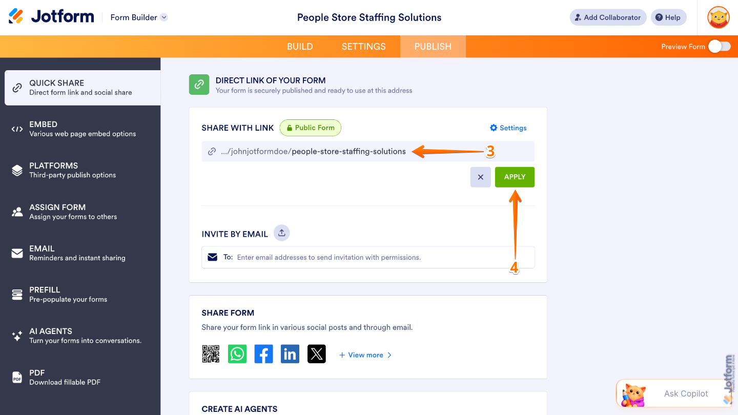 Custom URL settings showing a field for entering a form URL slug and the Apply button