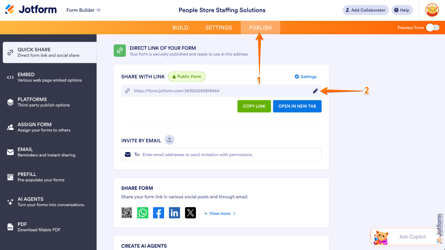 Publish page showing the Pencil icon next to the form URL for editing the form link