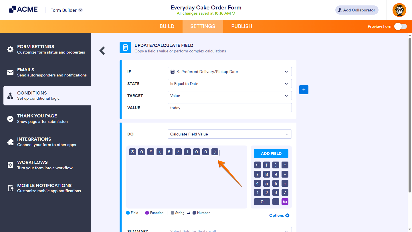 Numeric Format Expression in the Formula Editor in the Update/Calculate Field section of the Conditions option under the Settings tab menu in Form Builder