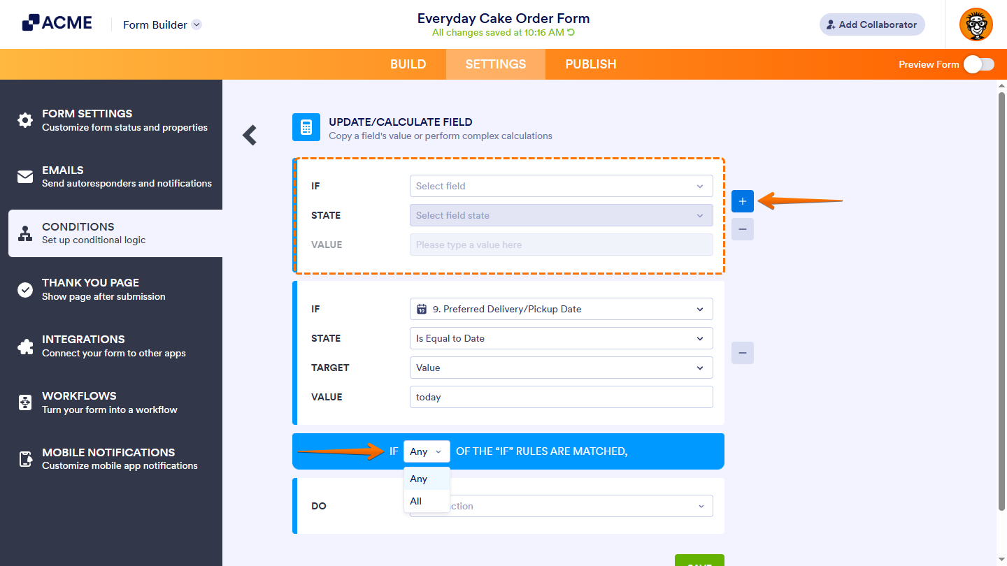 Plus icon in the Update/Calculate Field section of the Conditions option under the Settings tab menu in Form Builder