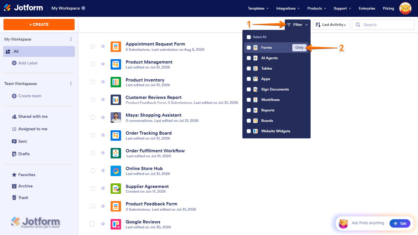 Jotform Workspace page with the Filter dropdown open, showing the Forms option and the Only filter option on the right for displaying only forms