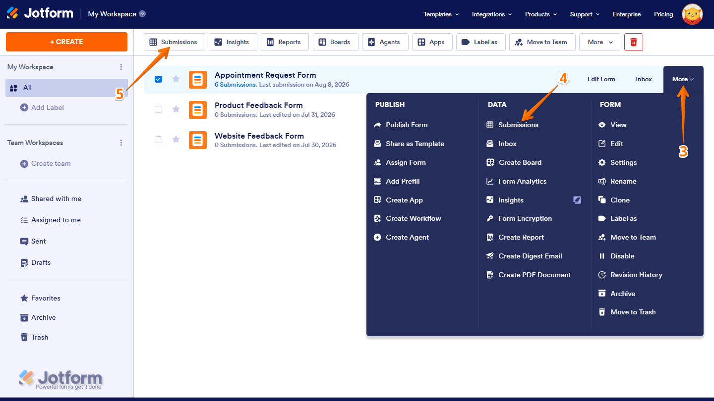 Jotform Workspace showing a form’s More menu with the Submissions option under the Data section, along with the Submissions option in the top navigation for accessing form responses