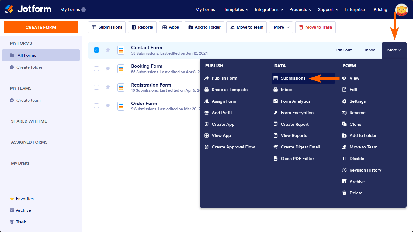 The Submissions option in My Forms' more menu Screenshot 21