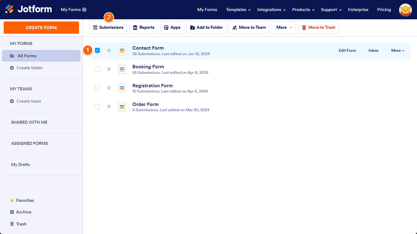 The Submissions button in My Forms Screenshot 10