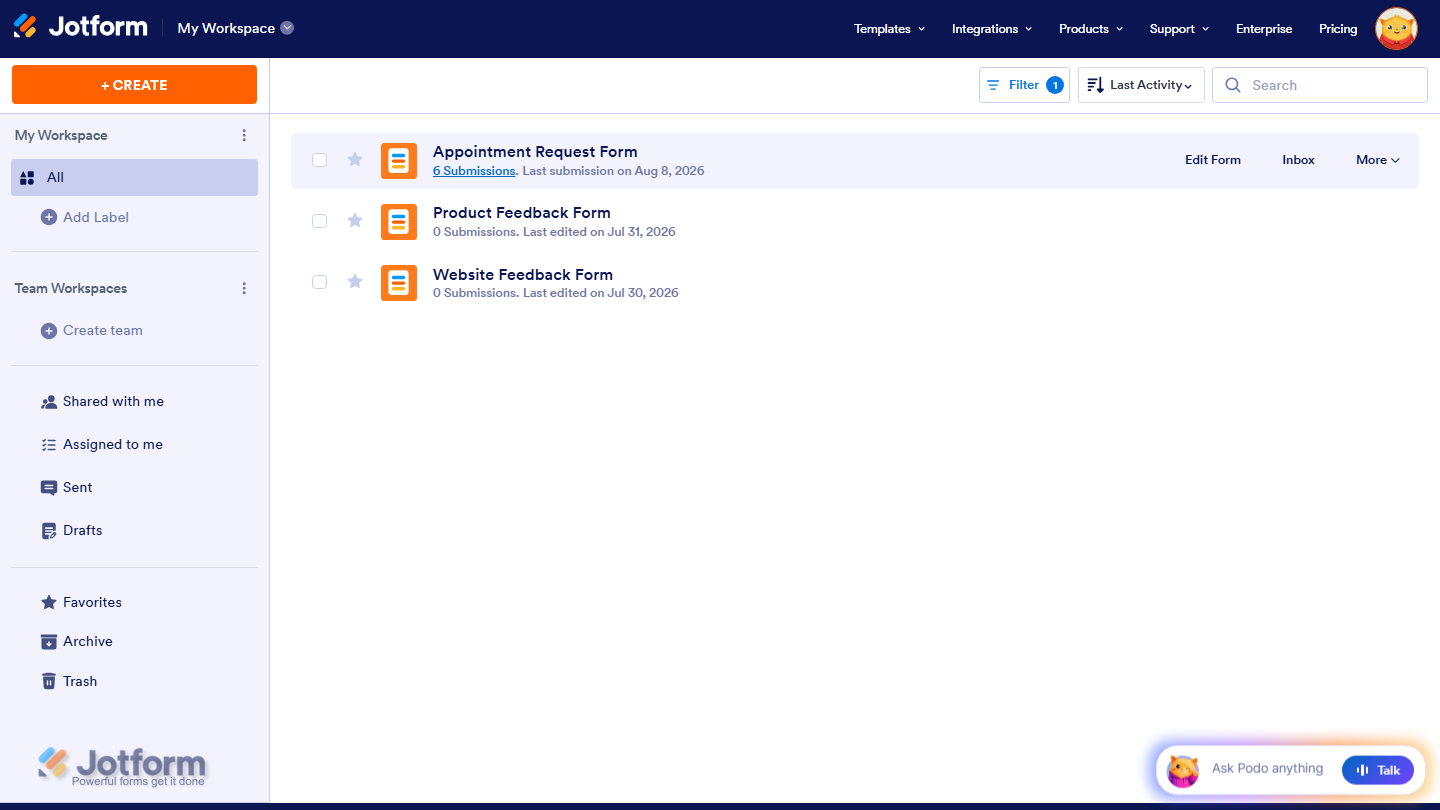 Jotform Workspace displaying a form with the Submissions link directly below the form title, providing quick access to the form’s submitted responses