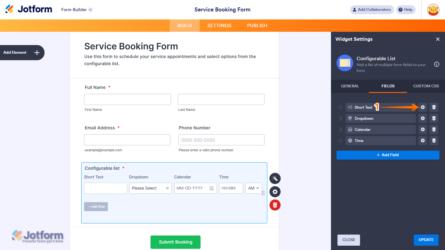 Widget Settings Fields tab showing Gear icon next to Short Text field in Jotform