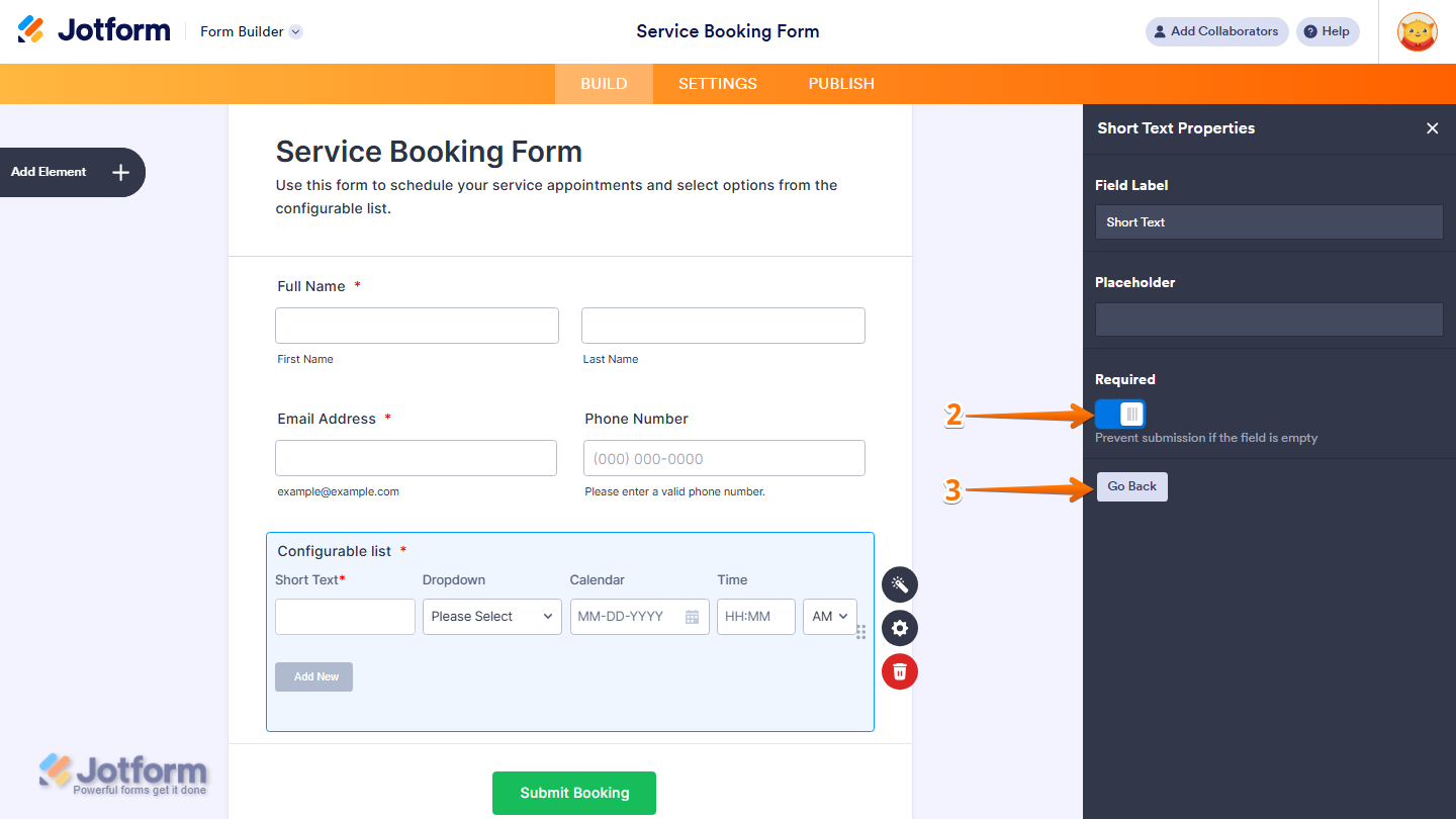 Field settings panel showing Required toggle and Go Back button in Jotform