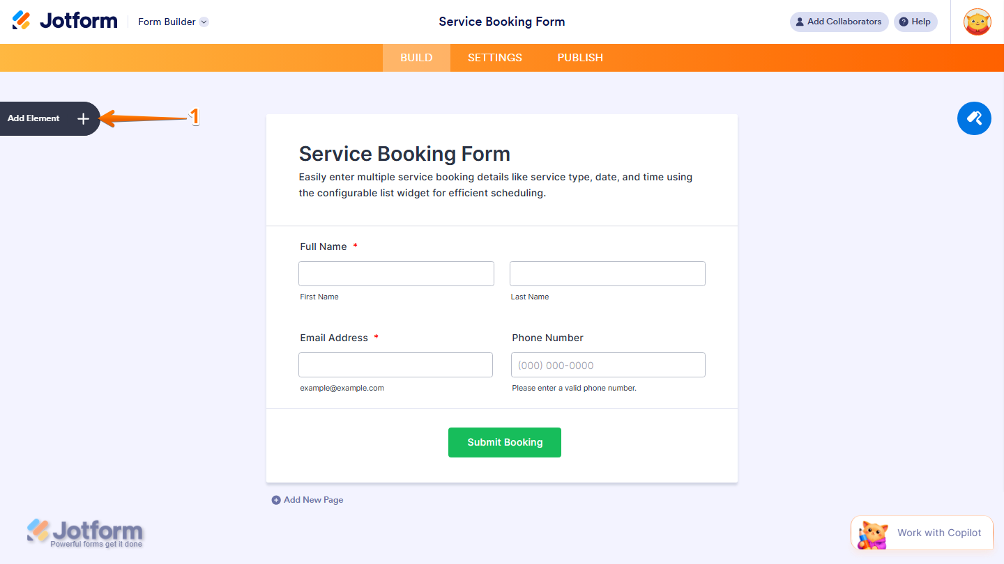 Form Builder showing Add Element button on the left side in Jotform