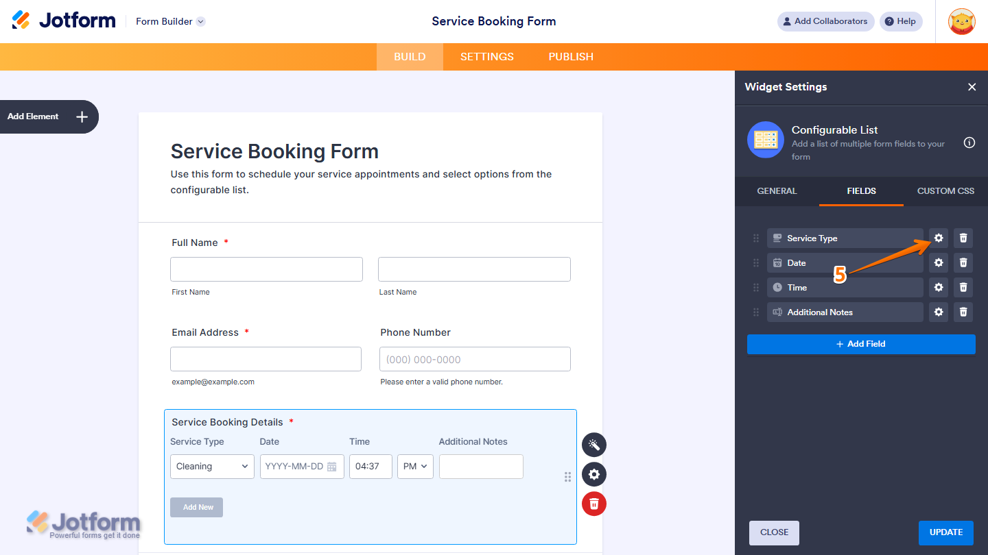 Widget Settings Fields tab showing Gear icon to configure field settings in Jotform