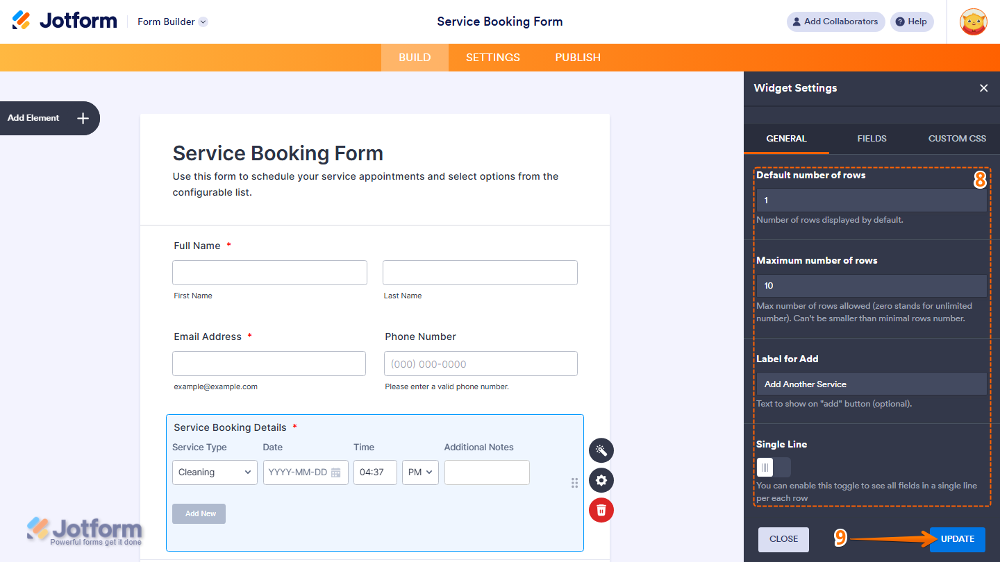 Widget Settings General tab showing row settings Add button label and Update button in Jotform