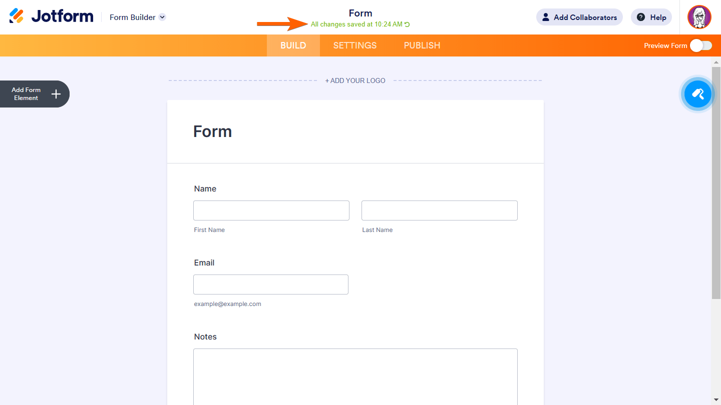 An arrow pointing to the save status text in Form Builder Screenshot 10 Screenshot 10
