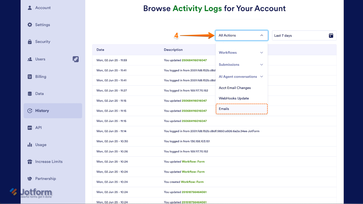 History page showing the All Actions dropdown menu in the upper-right corner with Emails selected