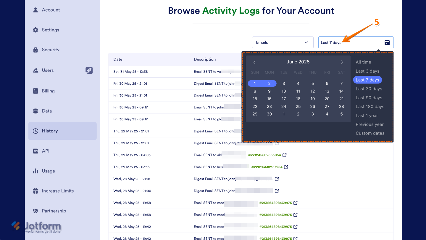 History page showing the Date filter dropdown being used to select a preferred time range