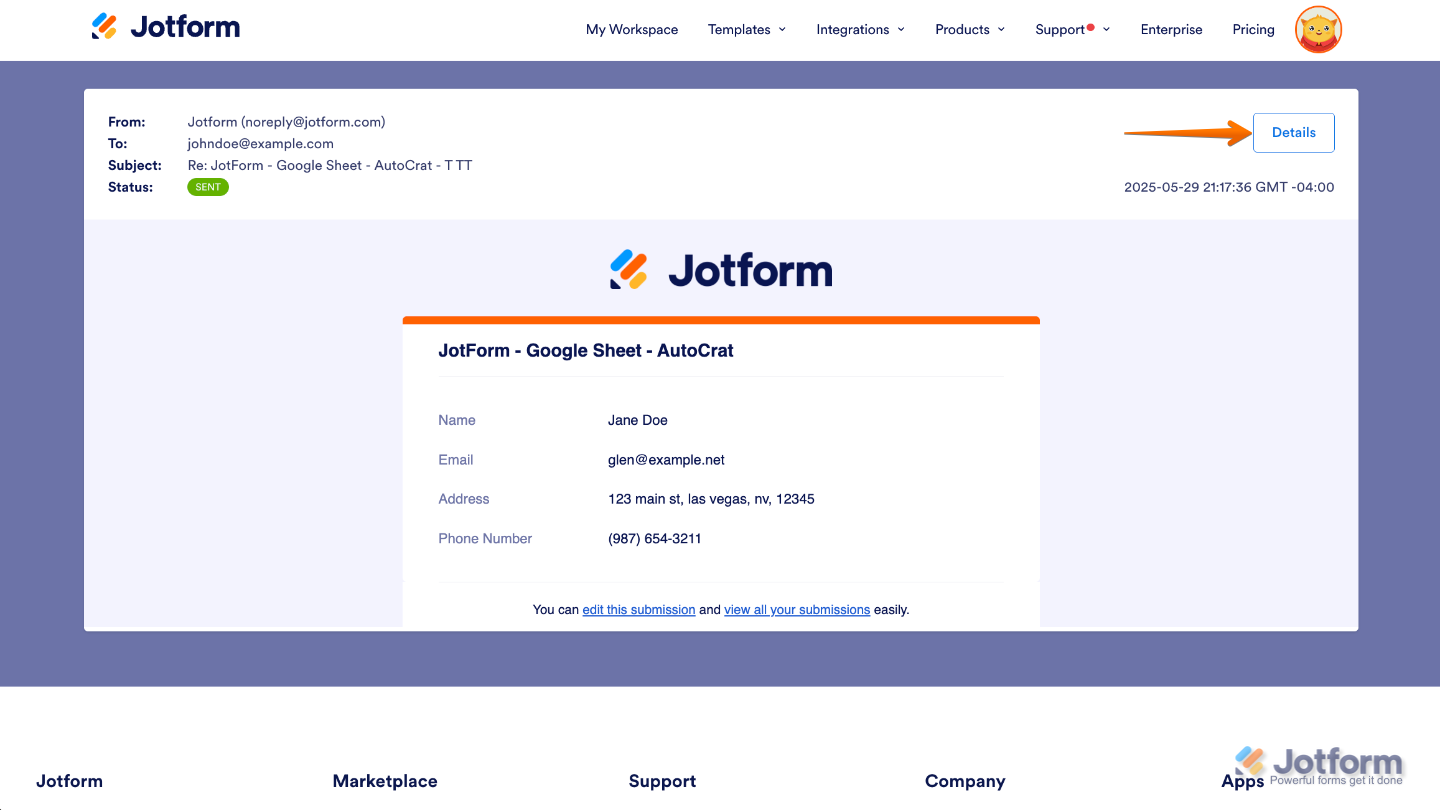 Email preview screen showing the Details button in the upper-right corner to view recipients, sending time, and delivery status