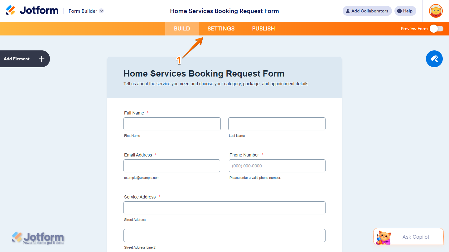 Settings button in the orange navigation bar in Jotform Form Builder
