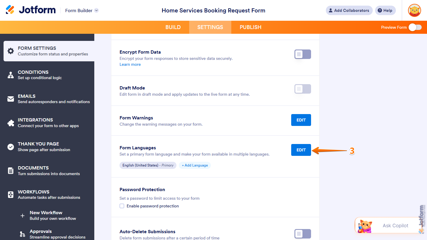 Edit button of the Form Languages setting under the Form Settings tab in Jotform Form Builder