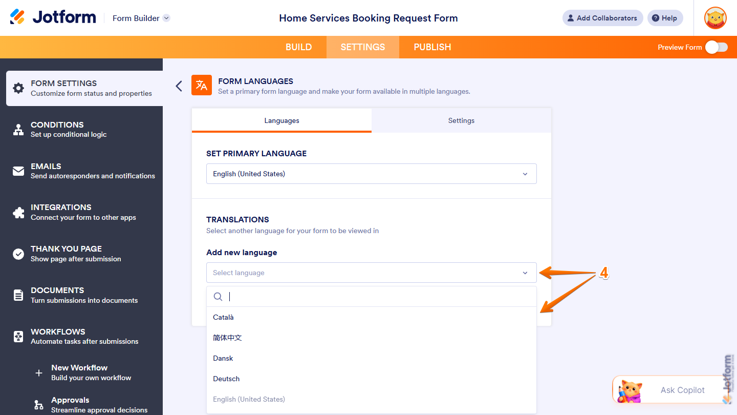 Add New Language Dropdown menu under the Languages tab in the Form Languages section of the Form Settings tab in Jotform Form Builder