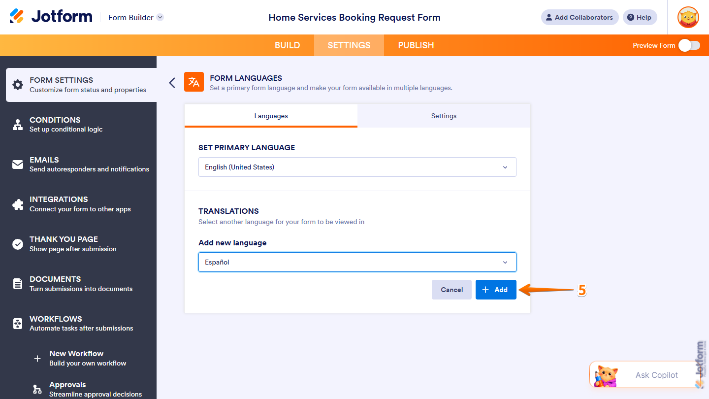 Add button of the Add New Language Dropdown menu under the Languages tab in the Form Languages section of the Form Settings tab in Jotform Form Builder