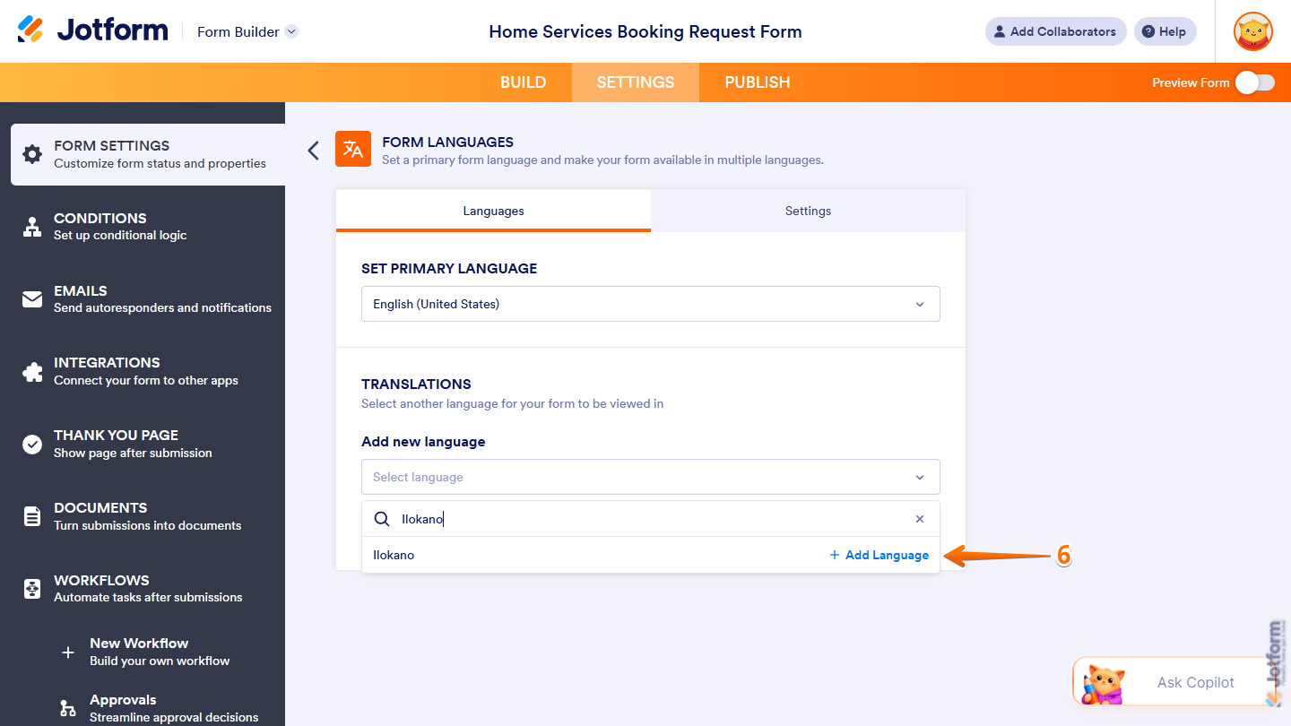 Add Languages button in the Add New Language Dropdown menu under the Languages tab in the Form Languages section of the Form Settings tab in Jotform Form Builder