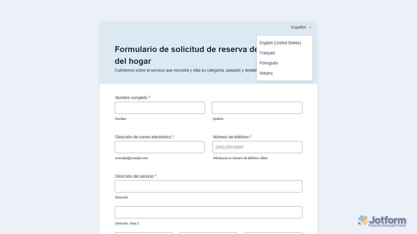 Different language options in the Translation menu of a Jotform Demo form