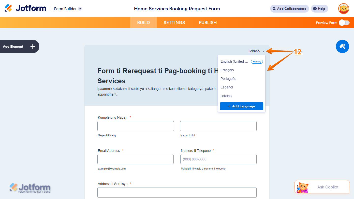 Different language options in the Translation menu on the form in Jotform Form Builder