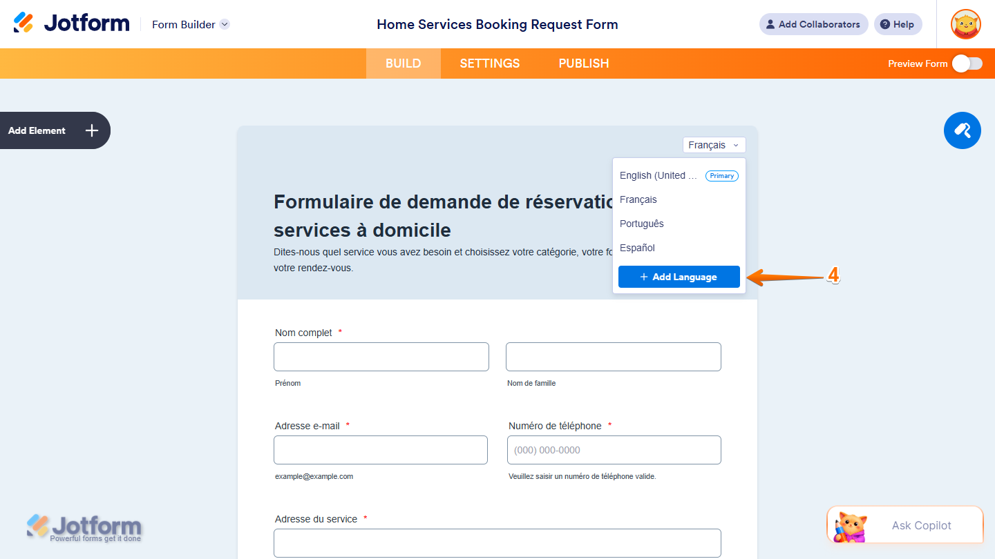Add Language button in the Add Translation menu in Jotform Form Builder
