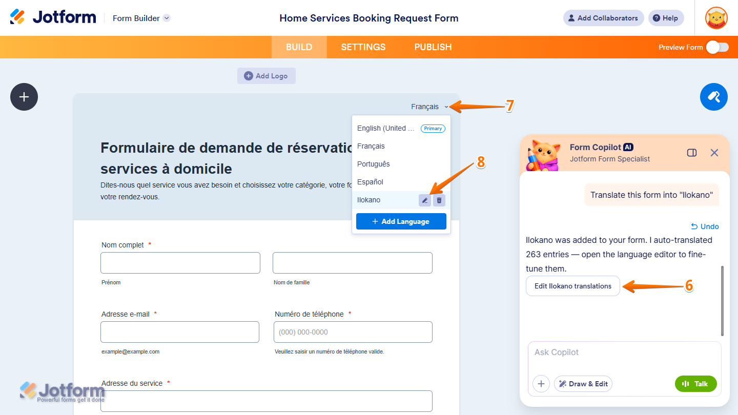 Edit button in the Add Translation menu and in the Form Copilot AI chat window in Jotform Form Builder